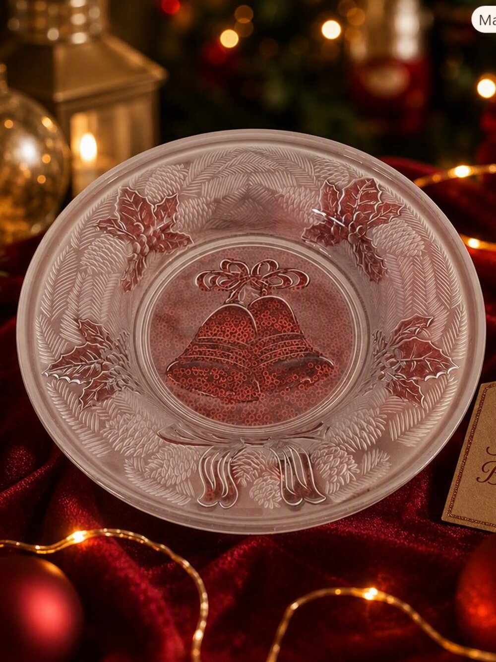 Bells and Holly Frosted Glass Bowl